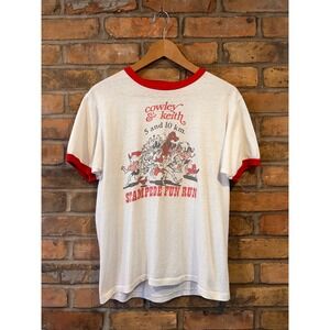 Vintage Cowley & Keith Stampede Fun Run Ringer T-Shirt White Red Mens Medium